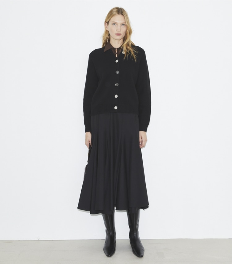 Tory Burch designer sweaters Merino Wool Cardigan in Black on model front