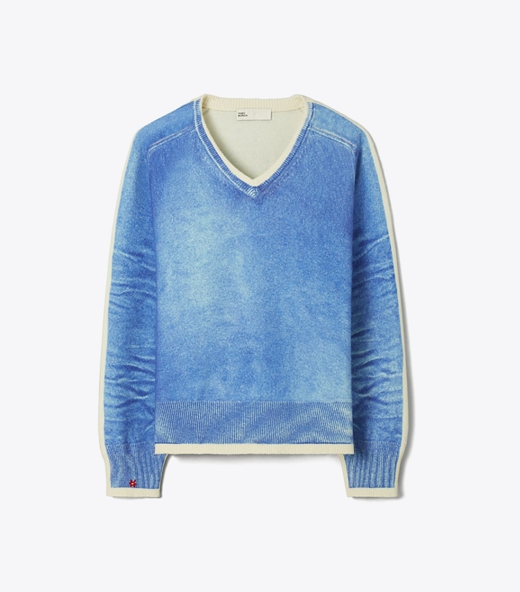Tory Burch designer sweaters Merino Wool Sweater in Antique Travertine/ V-Neck Print front