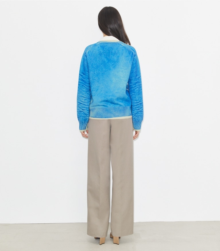 Tory Burch designer sweaters Merino Wool Sweater in Antique Travertine/ V-Neck Print front