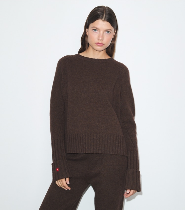 Tory Burch designer sweaters Merino Wool Sweater in Dark Roast on model detail