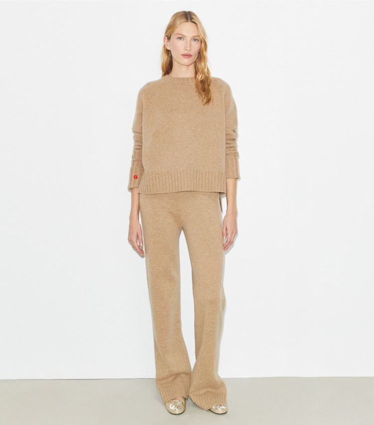 Tory Burch designer sweaters Merino Wool Sweater in Melange Oatmeal on model front