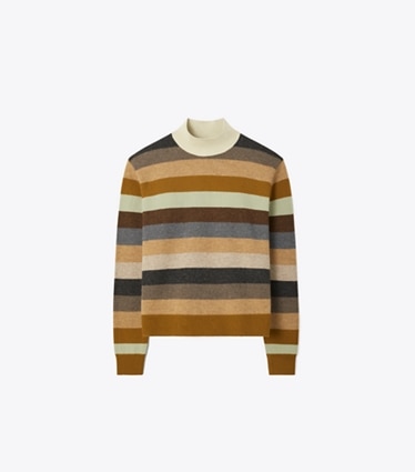 Tory Burch designer sweaters Merino Wool Turtleneck in Sage Grey Evening Stripe front