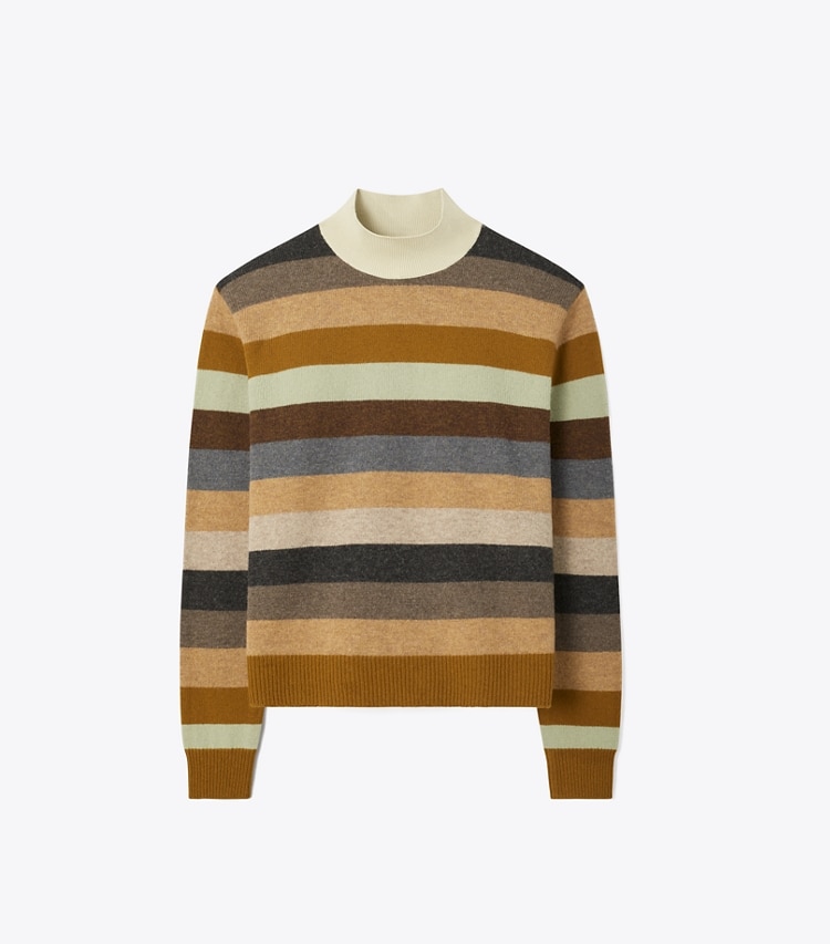 Tory Burch designer sweaters Merino Wool Turtleneck in Sage Grey Evening Stripe front