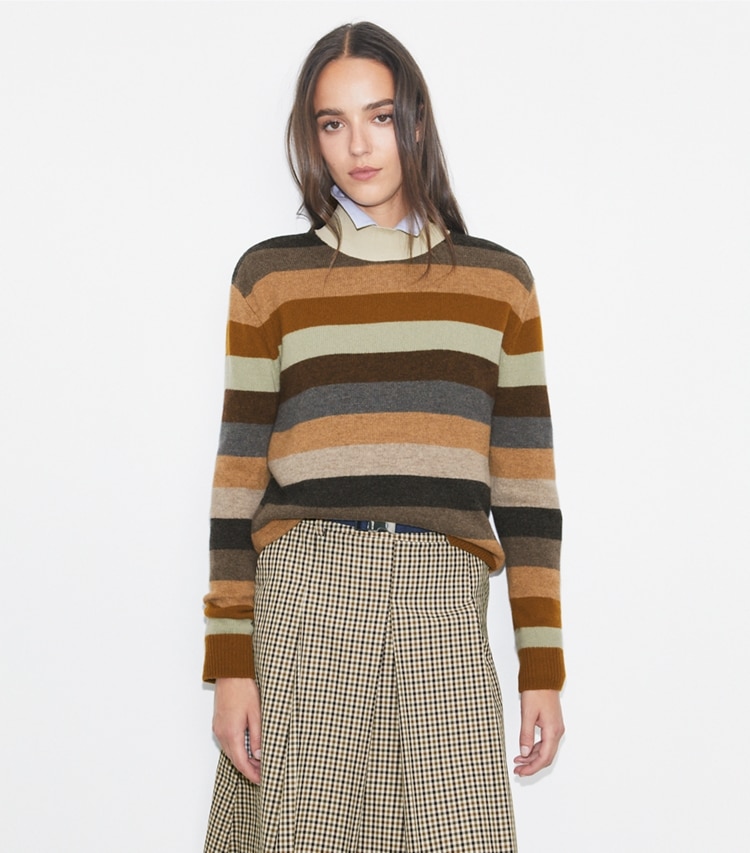 Tory Burch designer sweaters Merino Wool Turtleneck in Sage Grey Evening Stripe on model detail