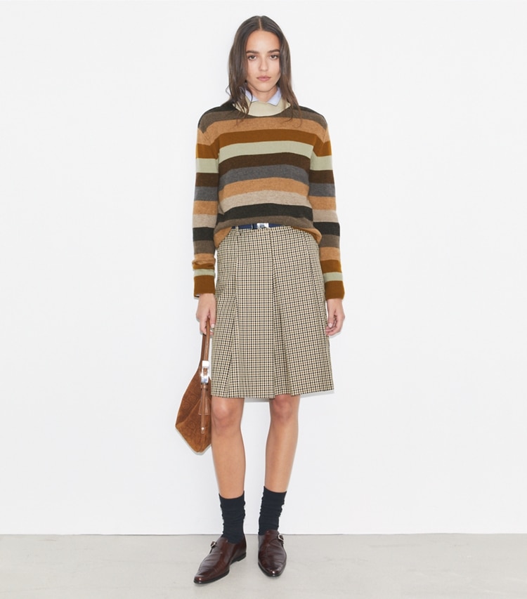 Tory Burch designer sweaters Merino Wool Turtleneck in Sage Grey Evening Stripe on model front
