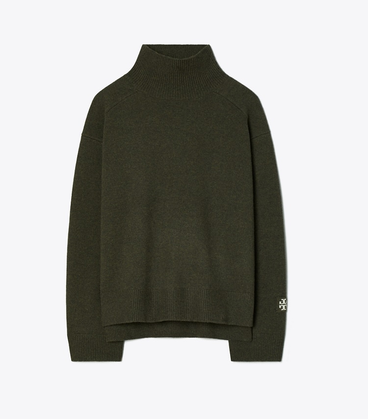 Tory Burch designer sweaters Merino Wool Turtleneck Sweater in Loden front