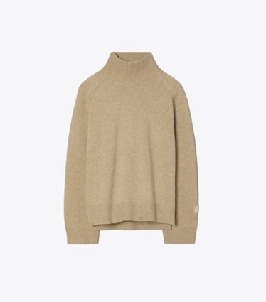 Tory Burch designer sweaters Merino Wool Turtleneck Sweater in Oatmeal Melange front