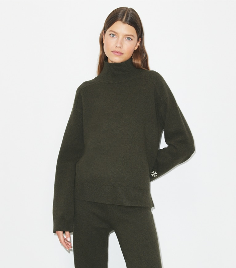 Tory Burch designer sweaters Merino Wool Turtleneck Sweater in Loden front