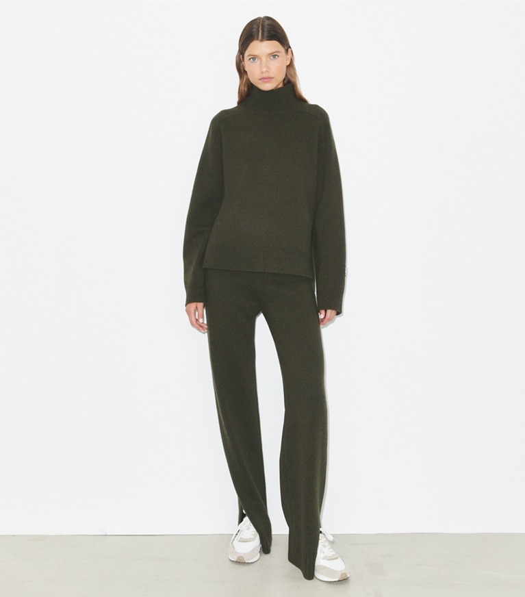 Tory Burch designer sweaters Merino Wool Turtleneck Sweater in Loden front
