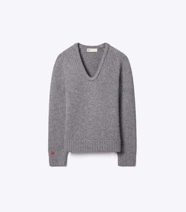 Tory Burch designer sweaters Merino Wool U-Neck Sweater in Cloudy Gray Melange front
