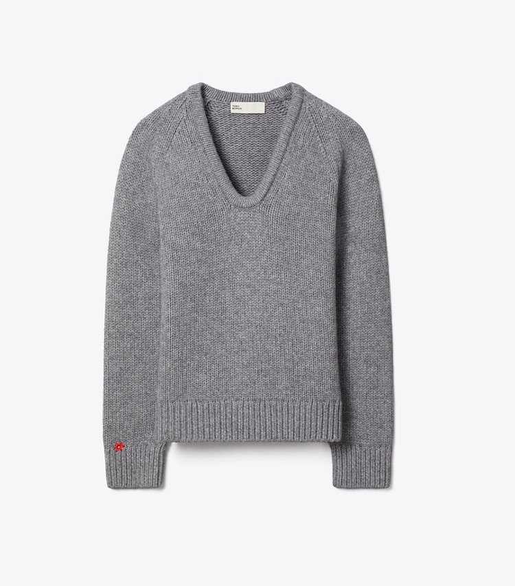 Tory Burch designer sweaters Merino Wool U-Neck Sweater in Cloudy Gray Melange front