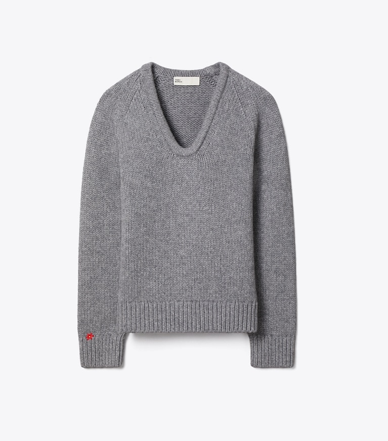 Tory Burch designer sweaters Merino Wool U-Neck Sweater in Cloudy Gray Melange front