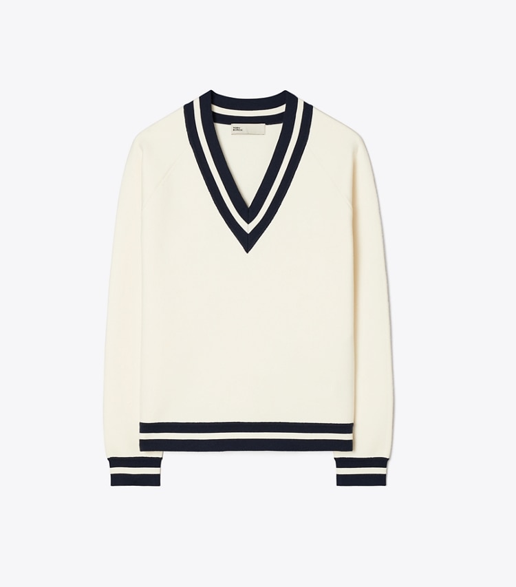 Tory Sport designer sweaters Merino Wool V-Neck Sweater in NEW IVORY front