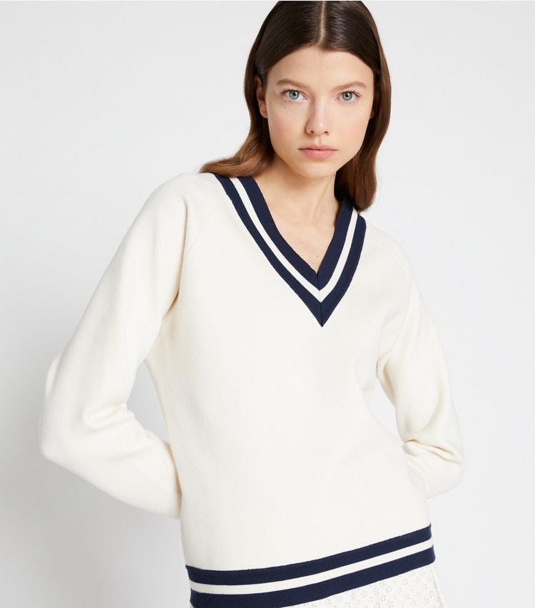 Tory Sport designer sweaters Merino Wool V-Neck Sweater in NEW IVORY on model detail