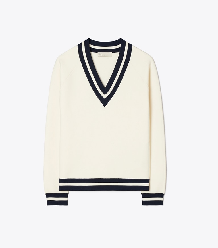 Tory Sport designer strickware Merinowollpullover mit V-Ausschnitt in NEW IVORY front