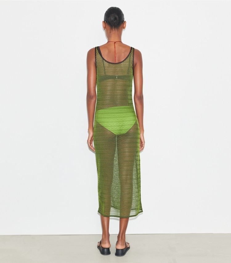 Tory Burch designer coverups Mesh Dress in Deep Chocolate / Vivid Lime on model back