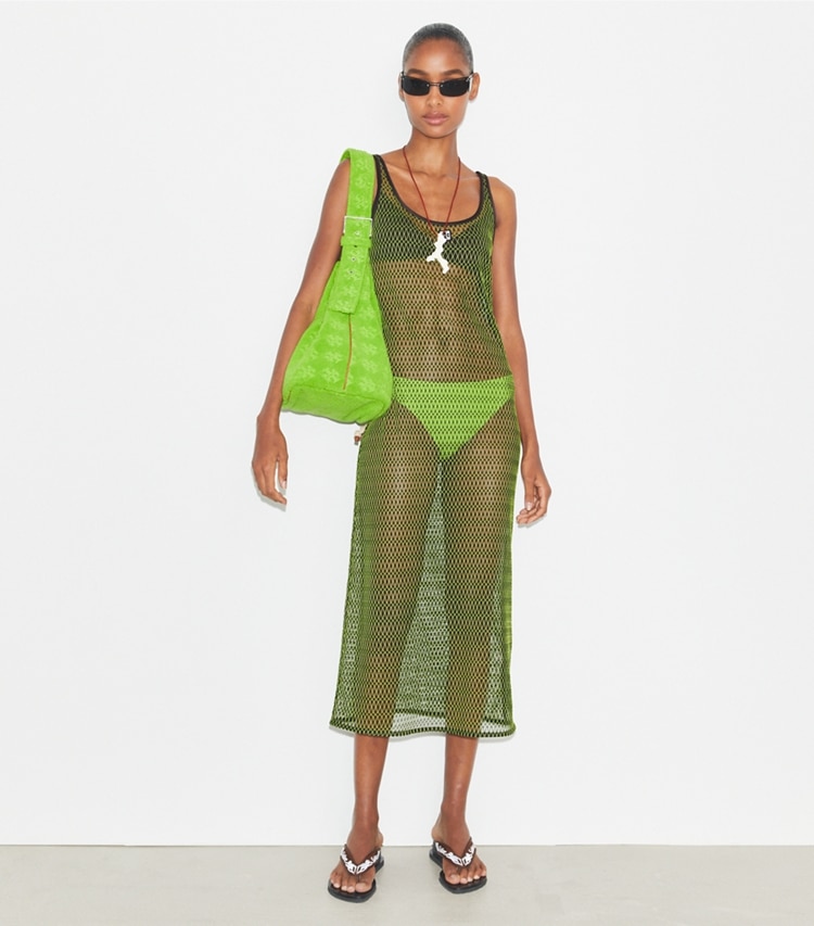 Tory Burch designer coverups Mesh Dress in Deep Chocolate / Vivid Lime on model front