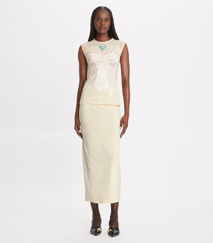 Tory Burch designer bottoms Mesh Skirt in Ivory Mesh on model front