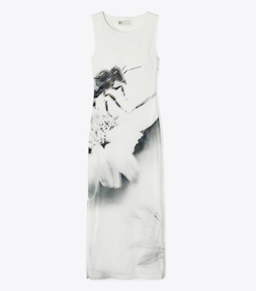 Tory Sport designer dresses Mesh Tank Dress in NEW IVORY / GRAY BEE front