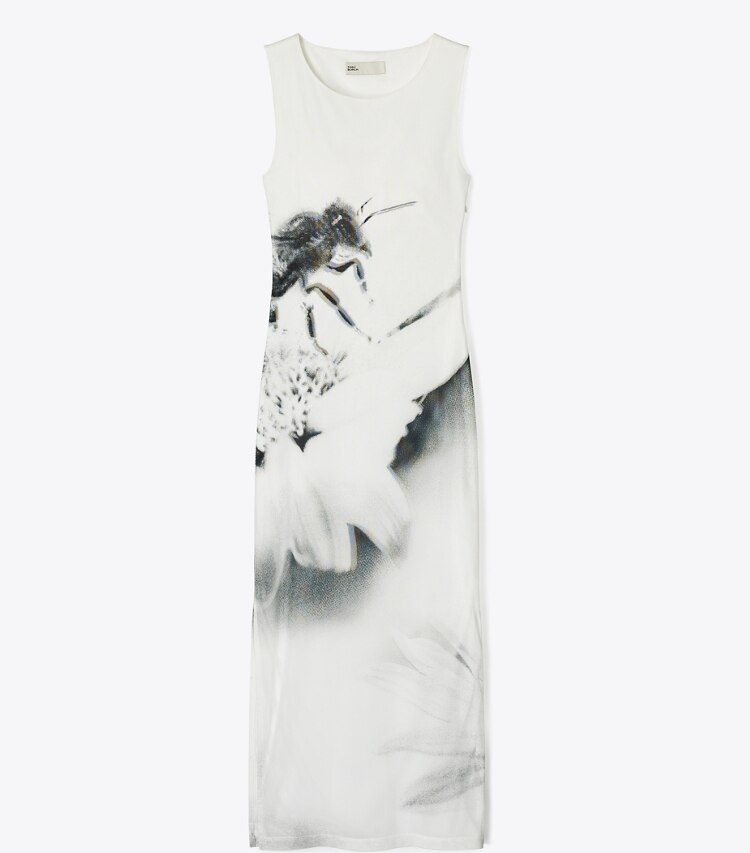 Tory Sport designer dresses Mesh Tank Dress in NEW IVORY / GRAY BEE front