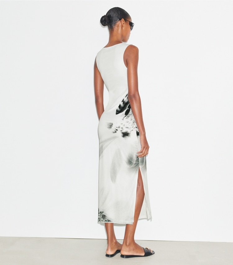 Tory Sport designer dresses Mesh Tank Dress in NEW IVORY / GRAY BEE on model back