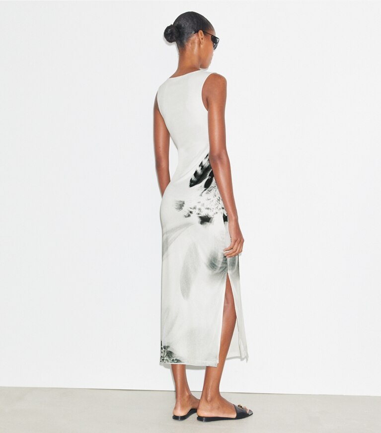 Tory Sport designer dresses Mesh Tank Dress in NEW IVORY / GRAY BEE front