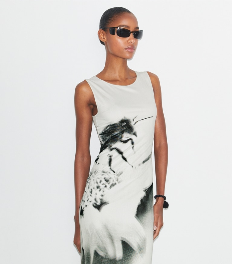 Tory Sport designer dresses Mesh Tank Dress in NEW IVORY / GRAY BEE front