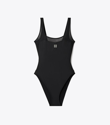 Tory Burch designer one pieces Mesh Tank Swimsuit in Black / Black front