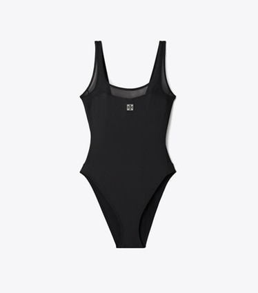 Tory Burch designer one pieces Mesh Tank Swimsuit in Black / Black front