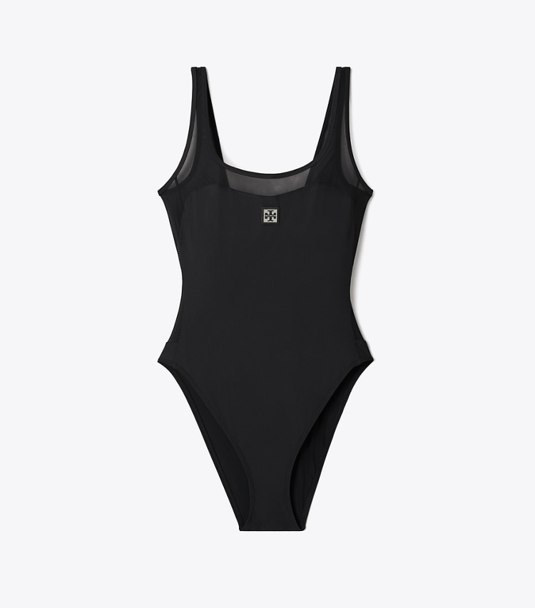 Tory Burch designer one pieces Mesh Tank Swimsuit in Black / Black front