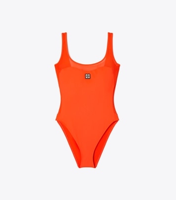 Tory Burch designer one pieces Mesh Tank Swimsuit in Deep Poppy front