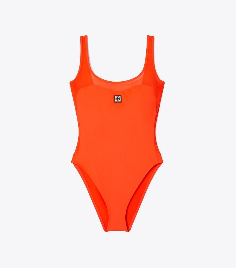 Tory Burch designer one pieces Mesh Tank Swimsuit in Deep Poppy front