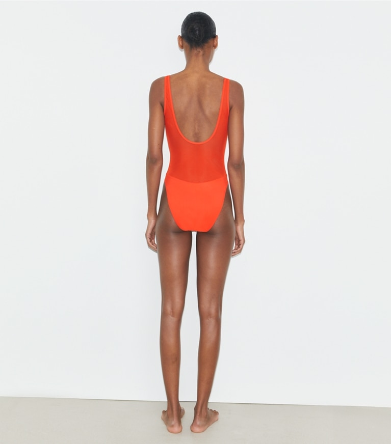 Tory Burch designer one pieces Mesh Tank Swimsuit in Deep Poppy front