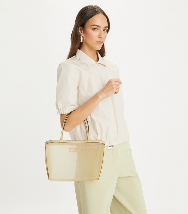 Tory Burch designer tote bags Mesh Tote in Warm Sand accessory on model