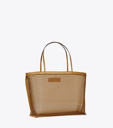Tory Burch designer tote bags Mesh Tote in Cuoio angle