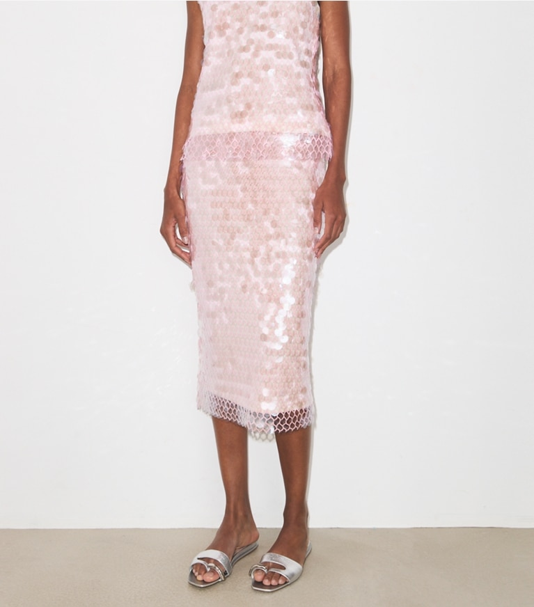 Tory Burch designer unterteile Meshrock mit Pailletten in Snow White / Light Pink on model detail