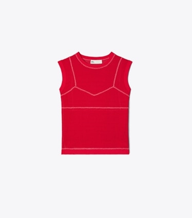 Tory Burch designer strickware Meshtop aus Baumwolle und Nylon in Bright Red / White front