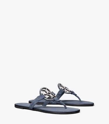 Tory Burch designer sandals Metal Miller in DEEP WAVE / SILVER angle