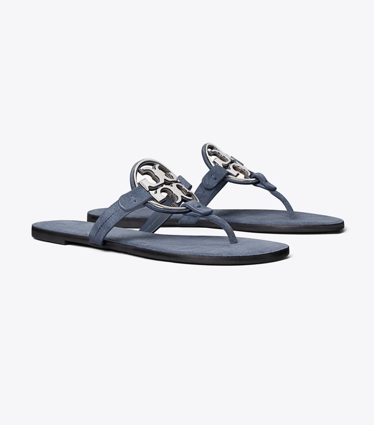 Tory Burch designer sandals Metal Miller in DEEP WAVE / SILVER angle