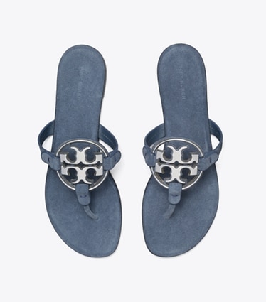 Tory Burch designer sandals Metal Miller in DEEP WAVE / SILVER overhead