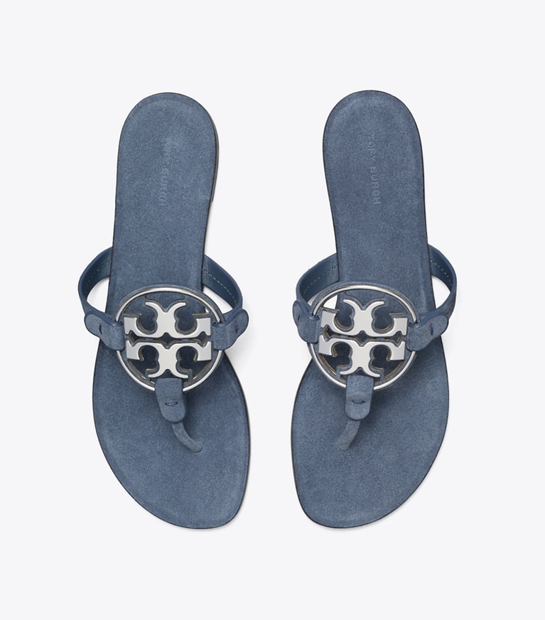 Tory Burch designer sandals Metal Miller in DEEP WAVE / SILVER overhead