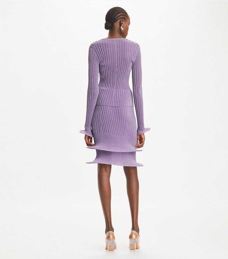 Tory Burch designer bottoms Metallic Hoop Skirt in Bright Lavender on model back