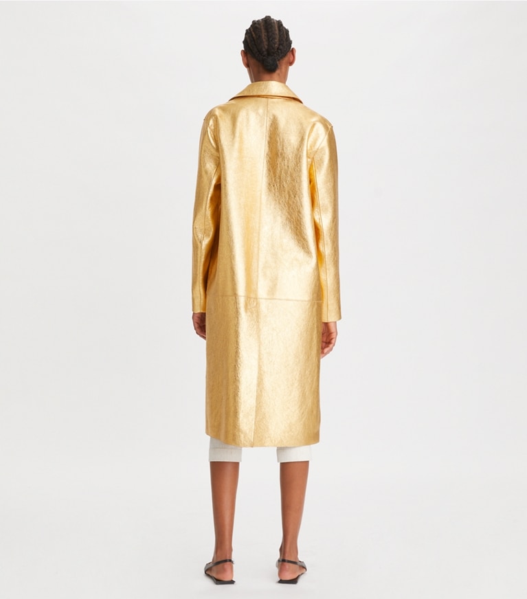 Tory Burch designer coats Metallic Leather Coat in Crinkled Gold front