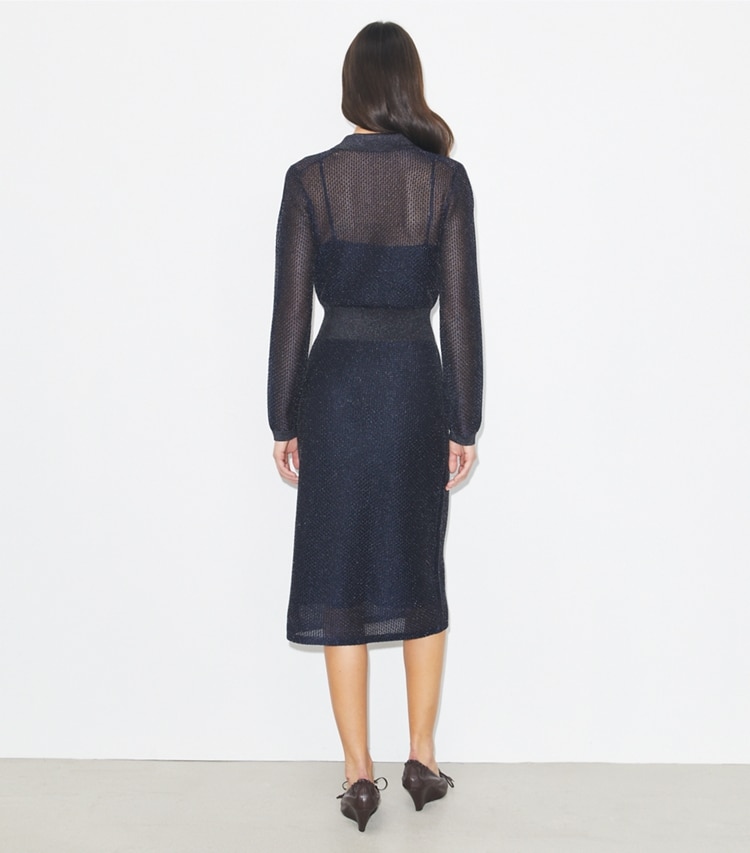 Tory Burch designer dresses Metallic Polo Dress in Black / Blue Shimmer on model back