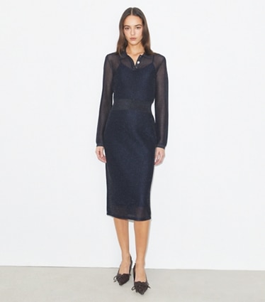 Tory Burch designer dresses Metallic Polo Dress in Black / Blue Shimmer on model front
