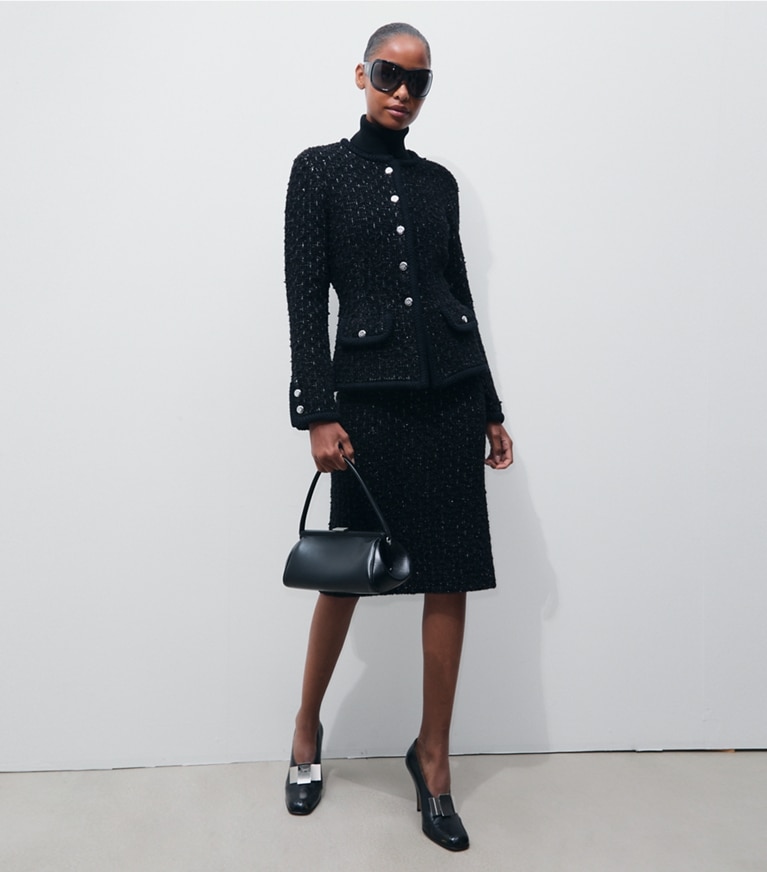 Tory Burch designer unterteile Metallic-Tweedrock in Black Multi modell von vorn