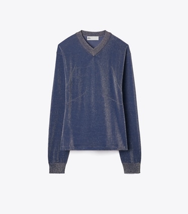 Tory Burch designer sweaters Metallic V-Neck Sweater in Blue / Gold front