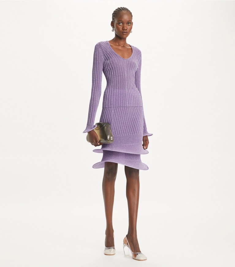 Tory Burch designer unterteile Metallicrock mit Reifen in Bright Lavender front