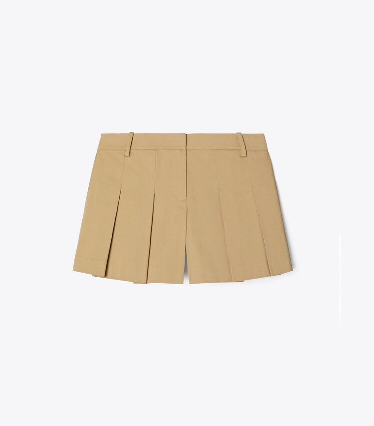 Tory Sport designer bottoms Micro Twill Pleated Short in Chestnut Khaki front