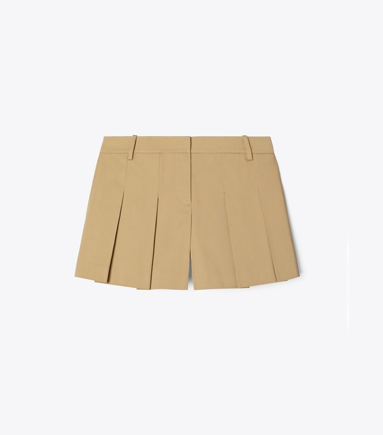 Tory Sport designer bottoms Micro Twill Pleated Short in Chestnut Khaki front